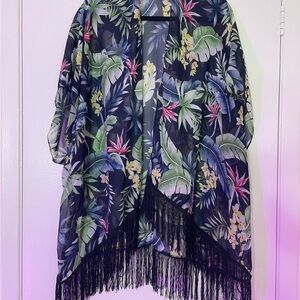 Floral Print Fringe Kimono